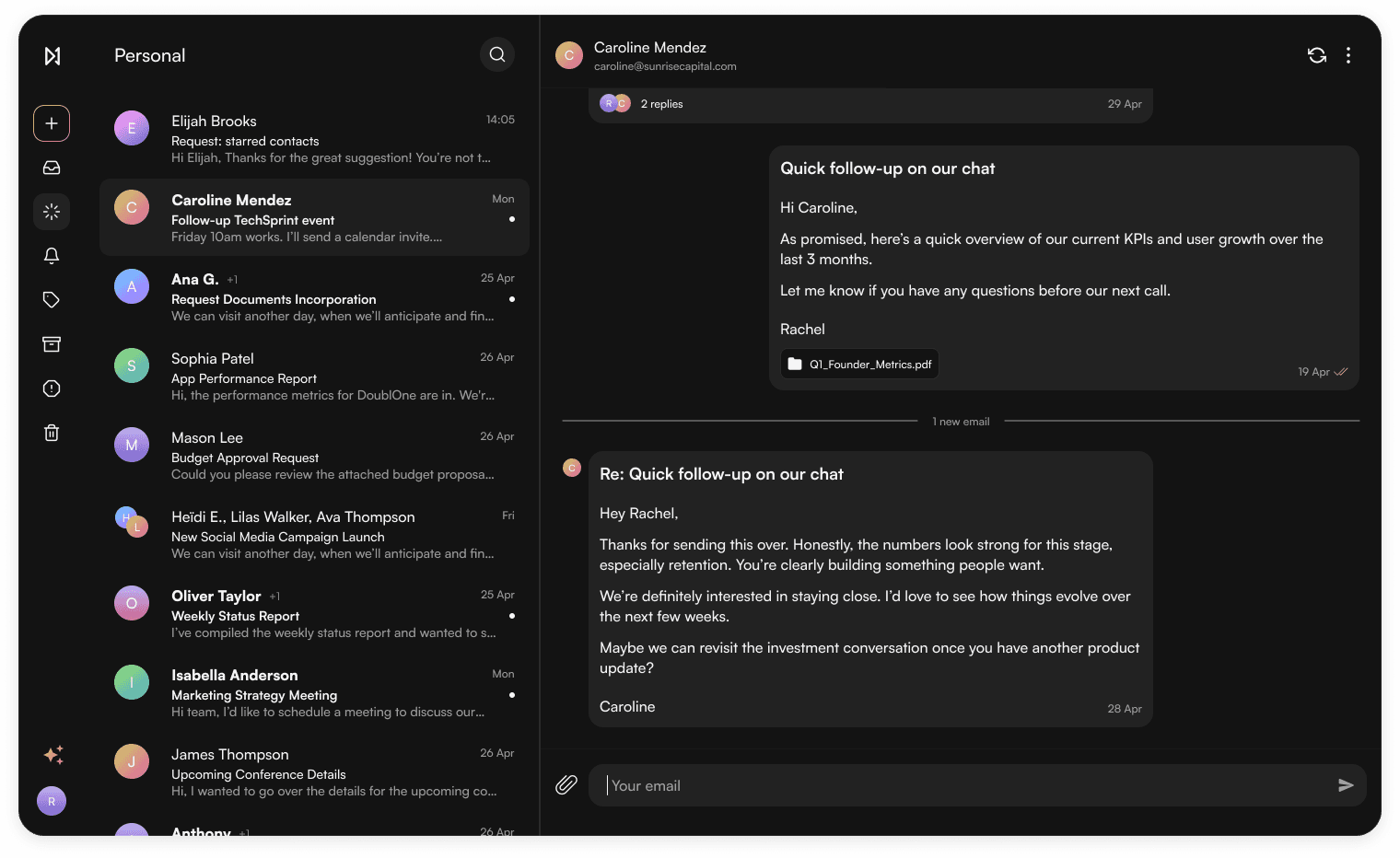Screenshot of DoublOne's inbox interface. On the left, your contacts. On the right, your email conversations with the selected contact. Emails are displayed as modern chat bubbles.